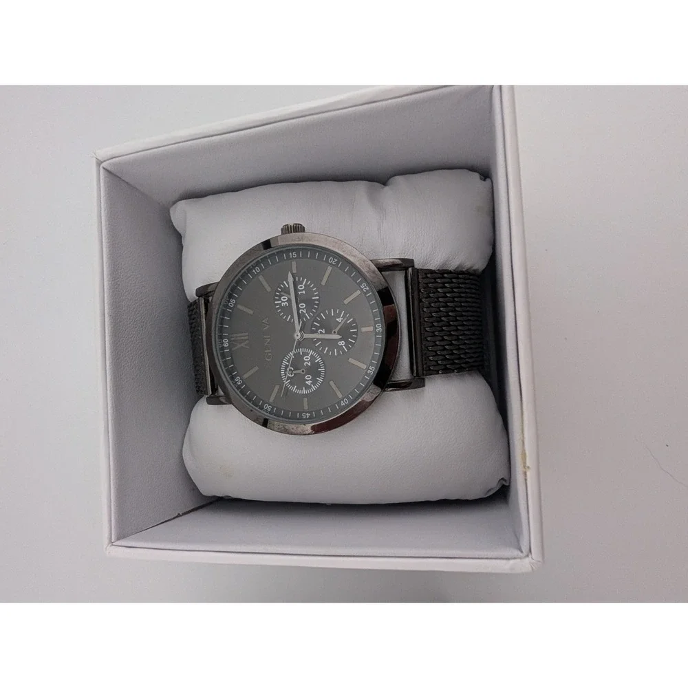 Geneva Watch‎ Men 42mm Case Gunmetal Tone Mesh Metal Band w/ Box- New Battery